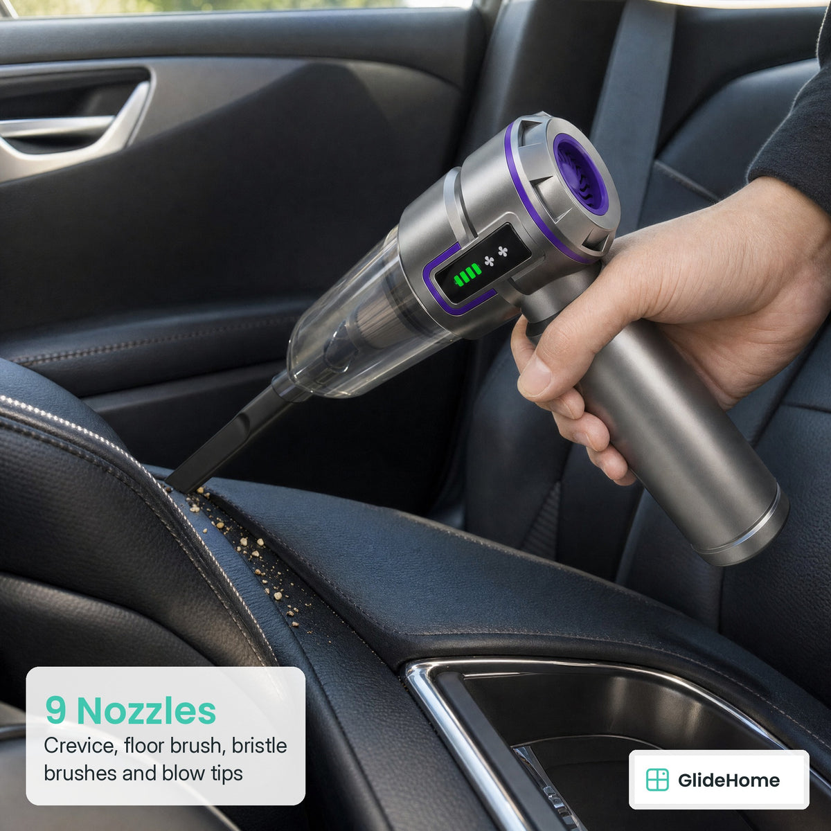 4-in-1 Cordless Car Vacuum & Air Blower - 9 Nozzles. Crevice, floor brush, bristle brushes and blow tips