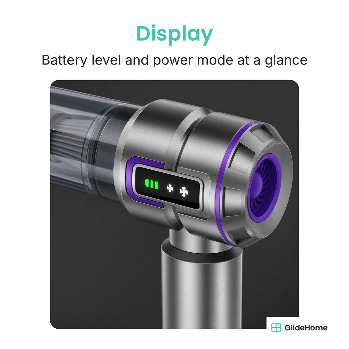 4-in-1 Cordless Car Vacuum & Air Blower - Display. Battery level and power mode at a glance