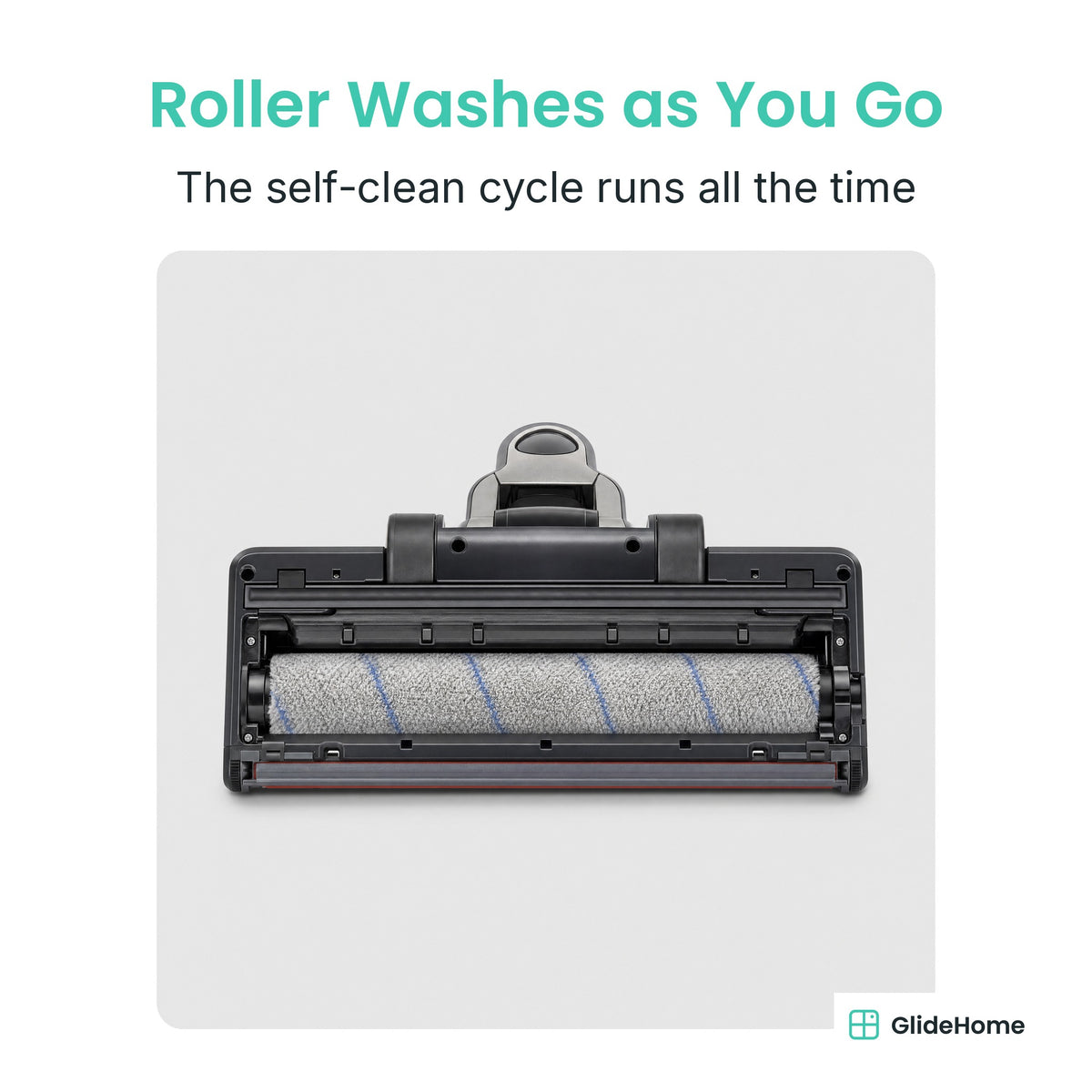 Big-Tank Cordless Floor Scrubber - Roller Washes as You Go. The self-clean cycle runs all the time