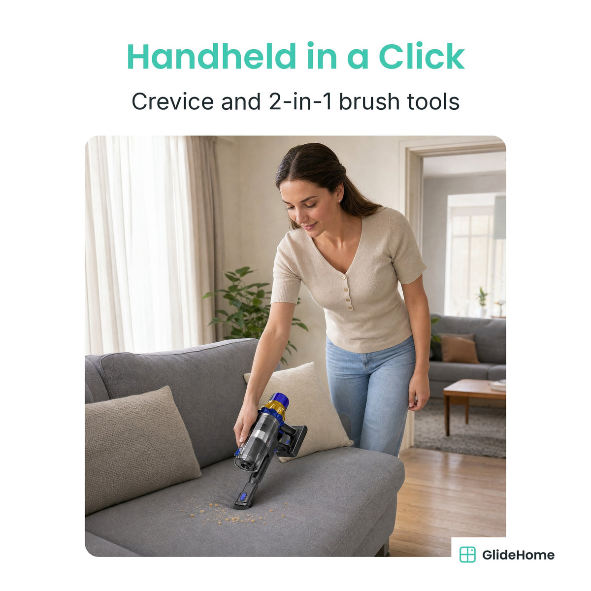 Cordless Stick Vacuum - Handheld in a Click. Crevice and 2-in-1 brush tools