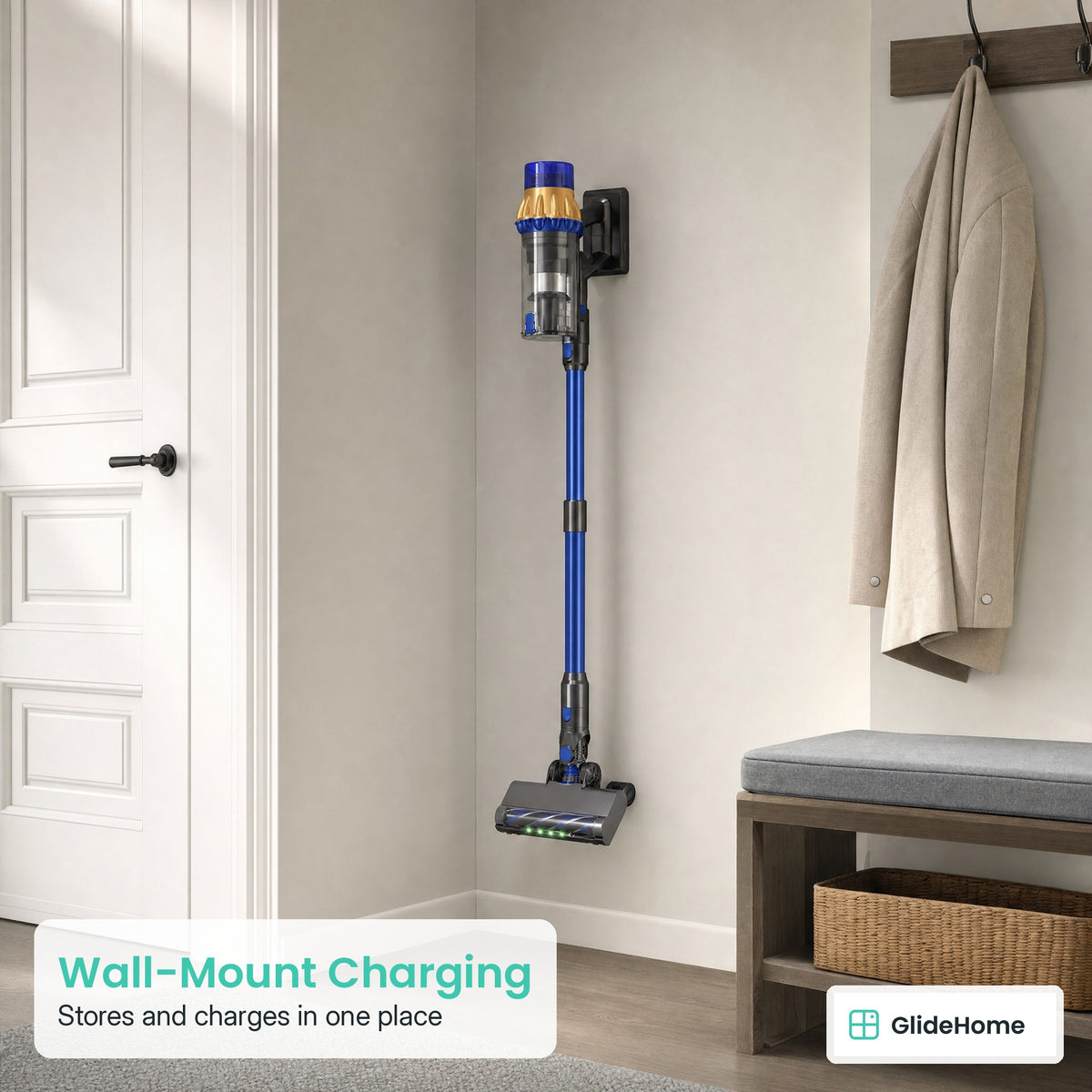 Cordless Stick Vacuum - Wall-Mount Charging. Stores and charges in one place