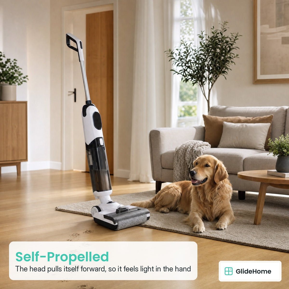 Cordless Wet-Dry Floor Scrubber - Self-Propelled. The head pulls itself forward, so it feels light in the hand