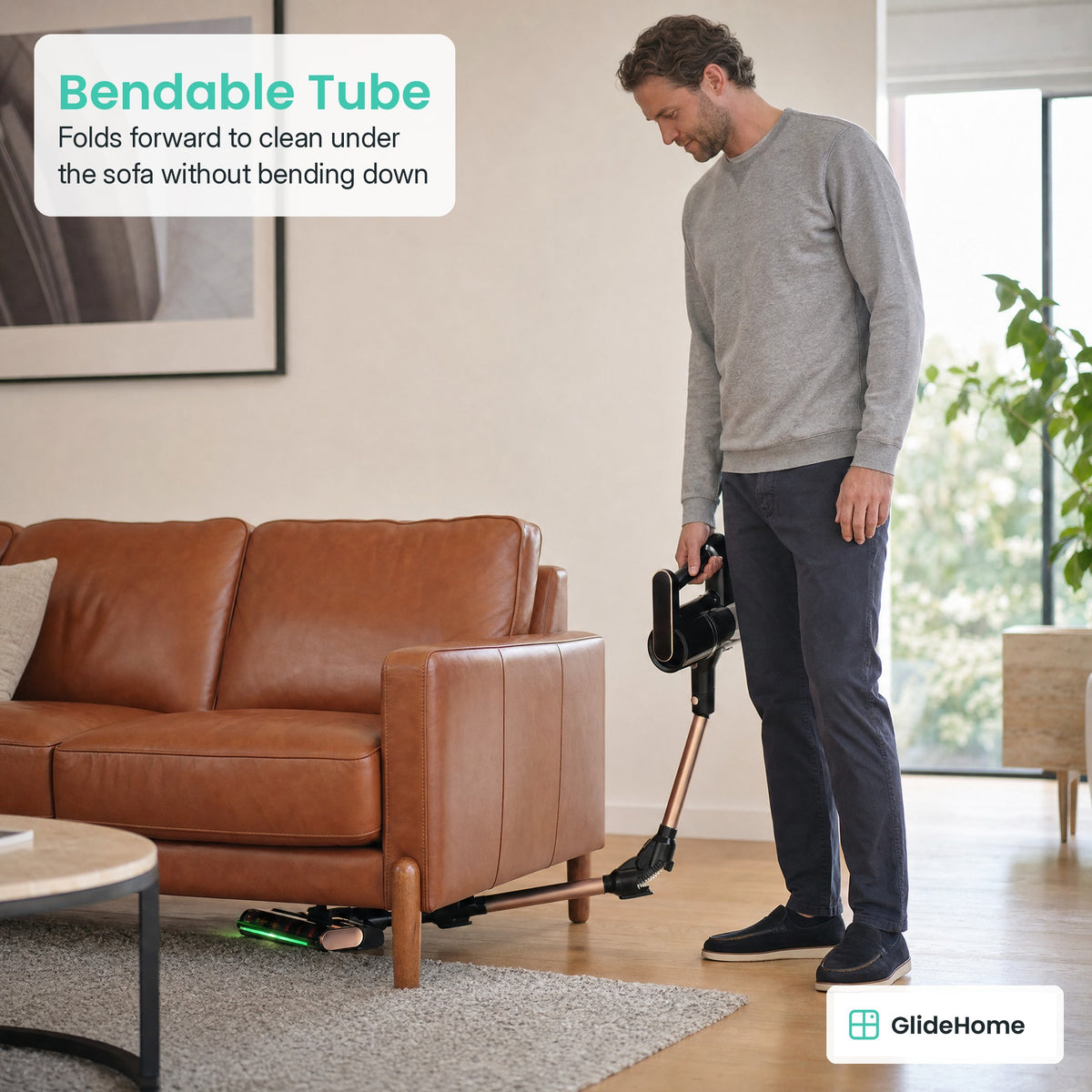 Foldable Cordless Stick Vacuum - Bendable Tube. Folds forward to clean under the sofa without bending down
