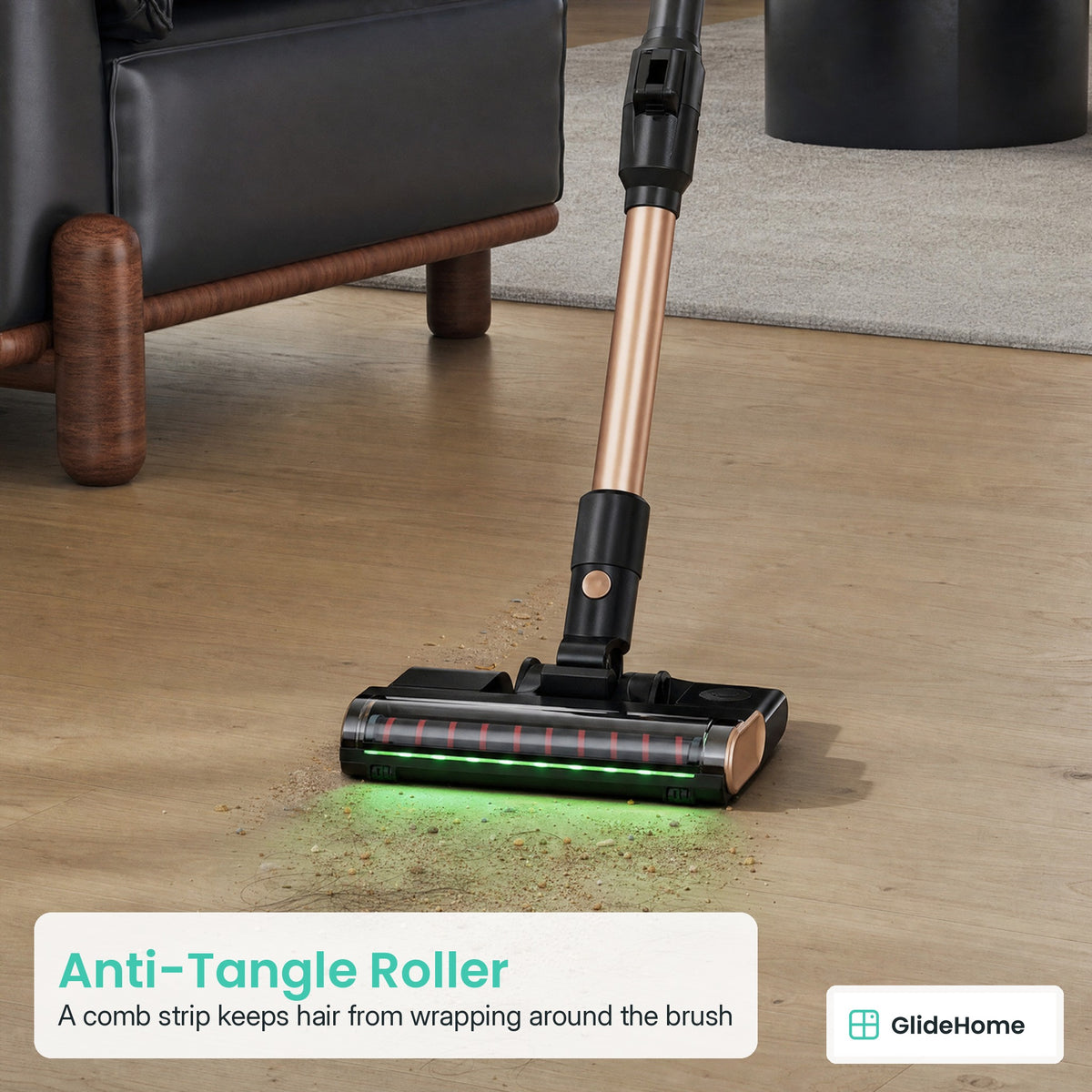 Foldable Cordless Stick Vacuum - Anti-Tangle Roller. A comb strip keeps hair from wrapping around the brush