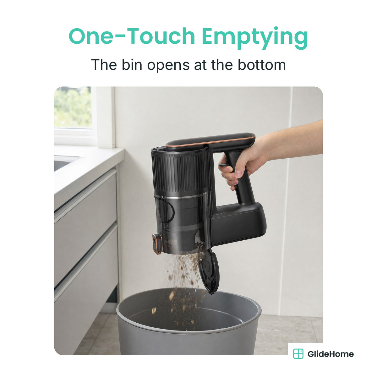 Foldable Cordless Stick Vacuum - One-Touch Emptying. The bin opens at the bottom