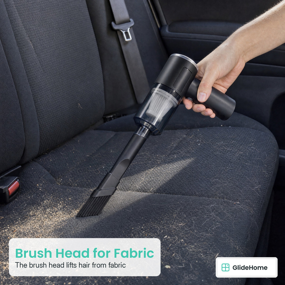 Mini Cordless Car Vacuum - Brush Head for Fabric. The brush head lifts hair from fabric
