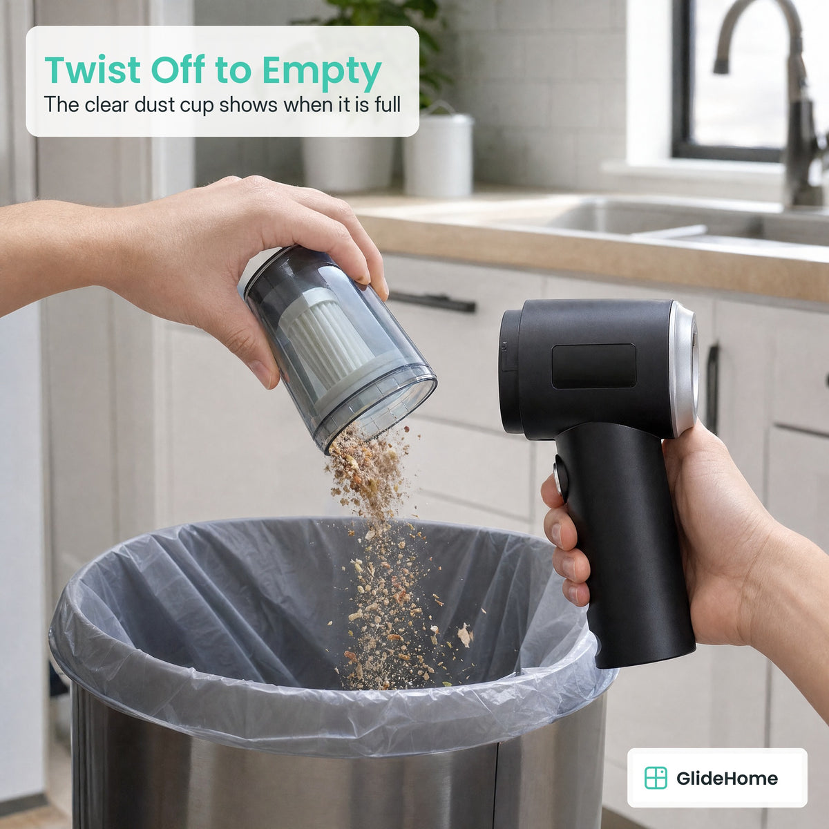 Mini Cordless Car Vacuum - Twist Off to Empty. The clear dust cup shows when it is full