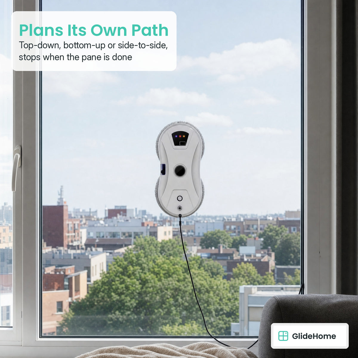 Mist Spray Window Cleaning Robot - Plans Its Own Path. Top-down, bottom-up or side-to-side, stops when the pane is done