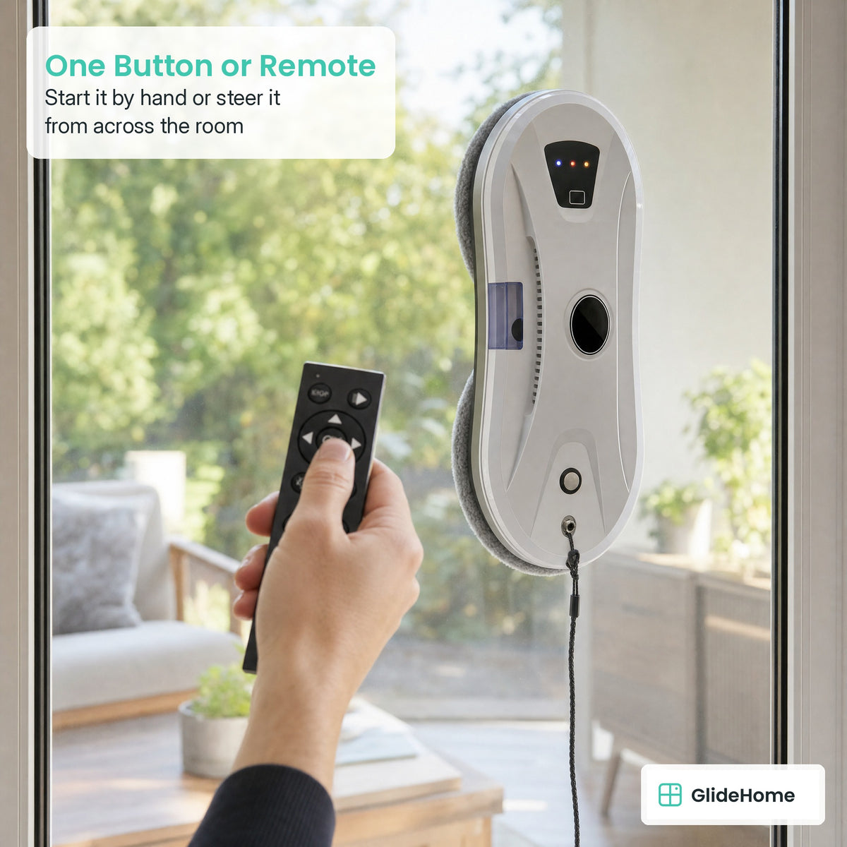 Mist Spray Window Cleaning Robot - One Button or Remote. Start it by hand or steer it
from across the room