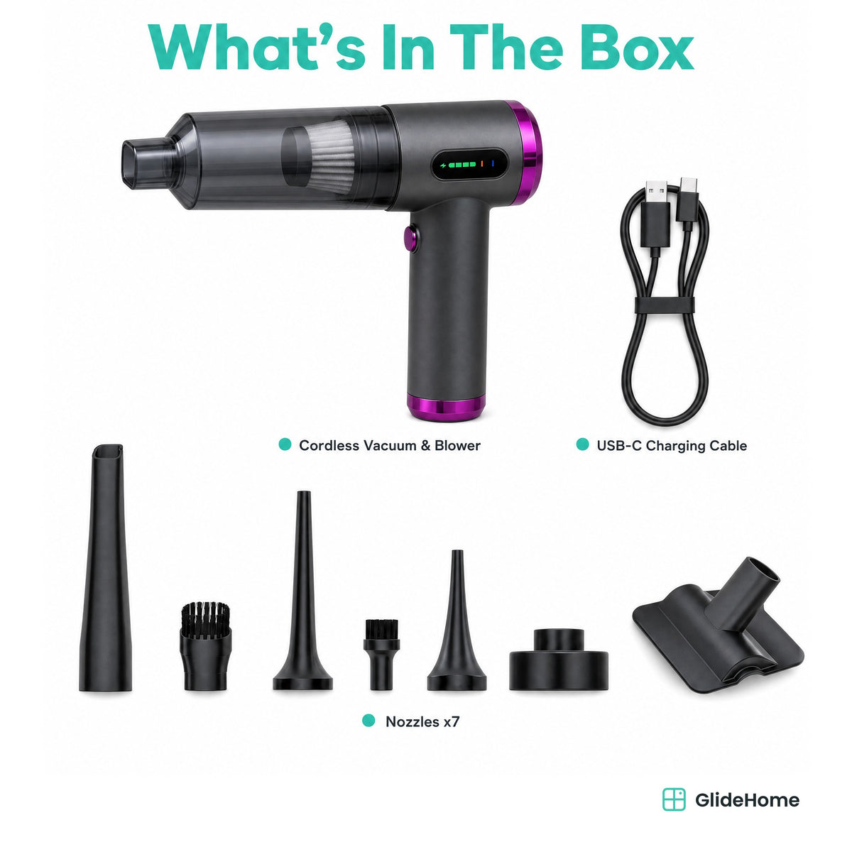 Pistol-Grip Cordless Car Vacuum & Air Blower - what's in the box