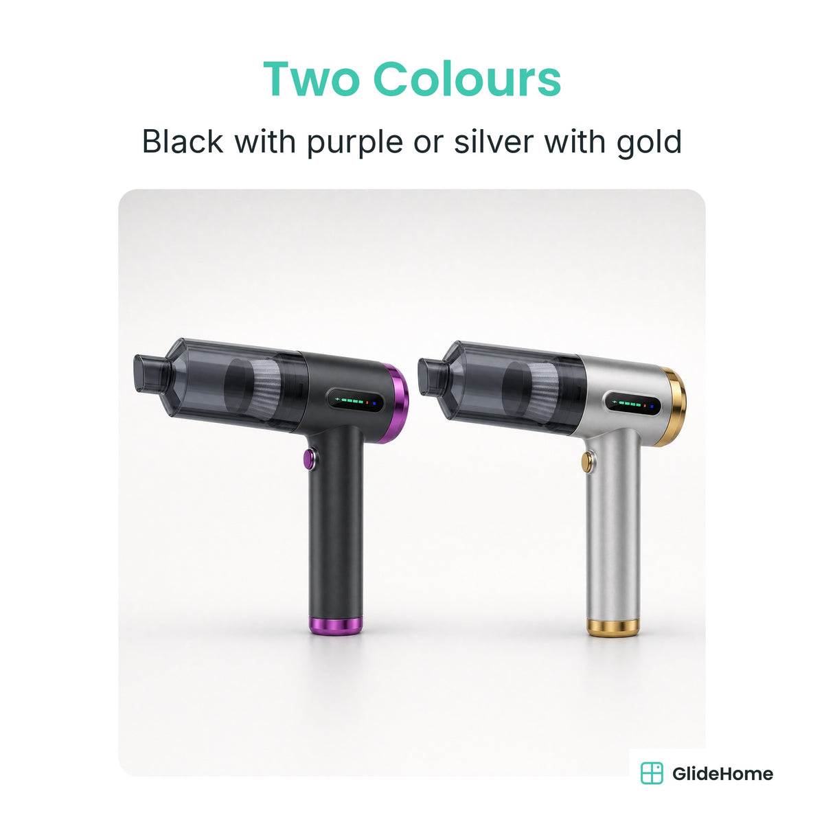Pistol-Grip Cordless Car Vacuum & Air Blower - Two Colours. Black with purple or silver with gold