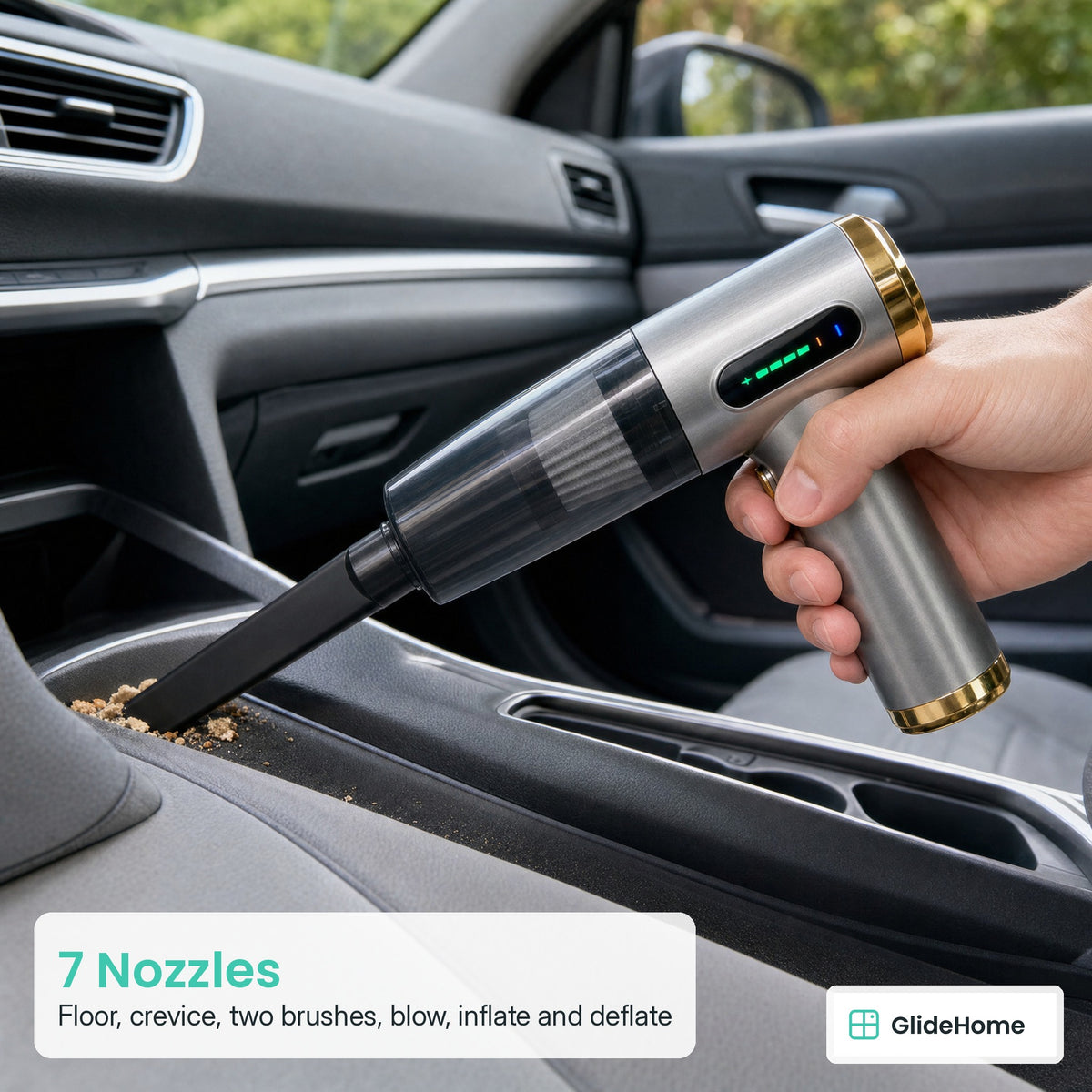 Pistol-Grip Cordless Car Vacuum & Air Blower - 7 Nozzles. Floor, crevice, two brushes, blow, inflate and deflate