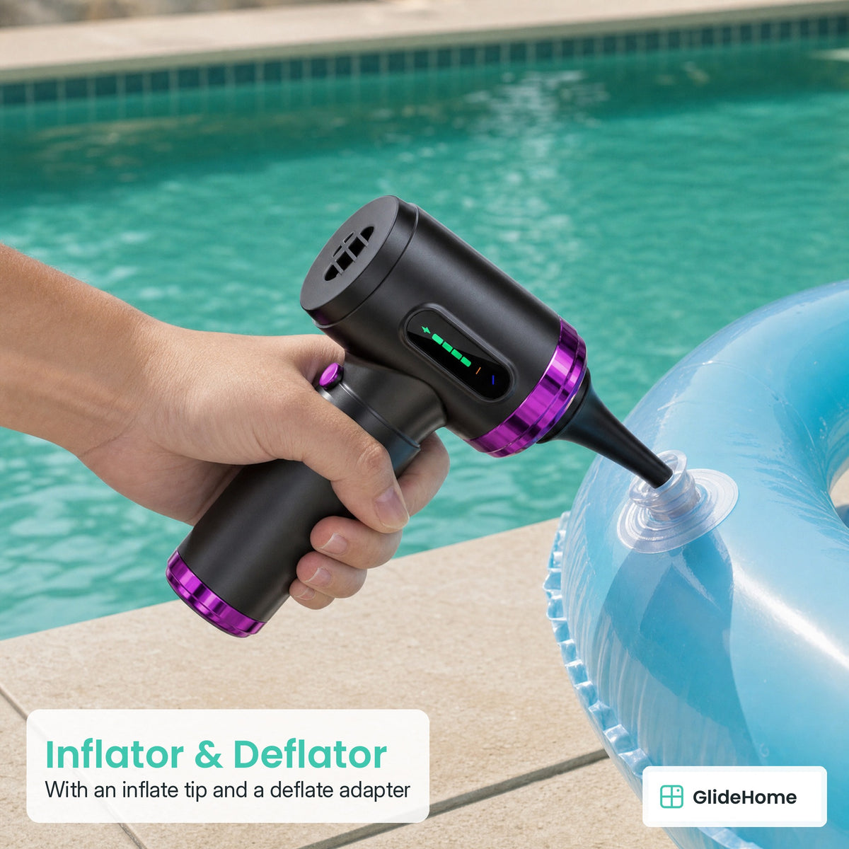 Pistol-Grip Cordless Car Vacuum & Air Blower - Inflator & Deflator. With an inflate tip and a deflate adapter