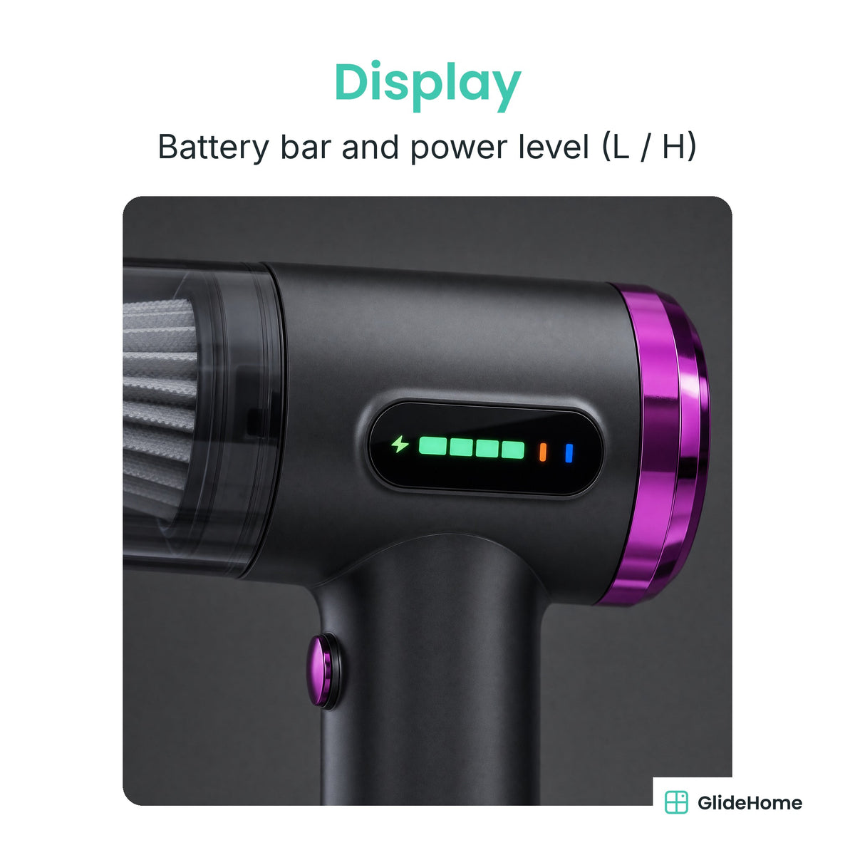 Pistol-Grip Cordless Car Vacuum & Air Blower - Display. Battery bar and power level (L / H)