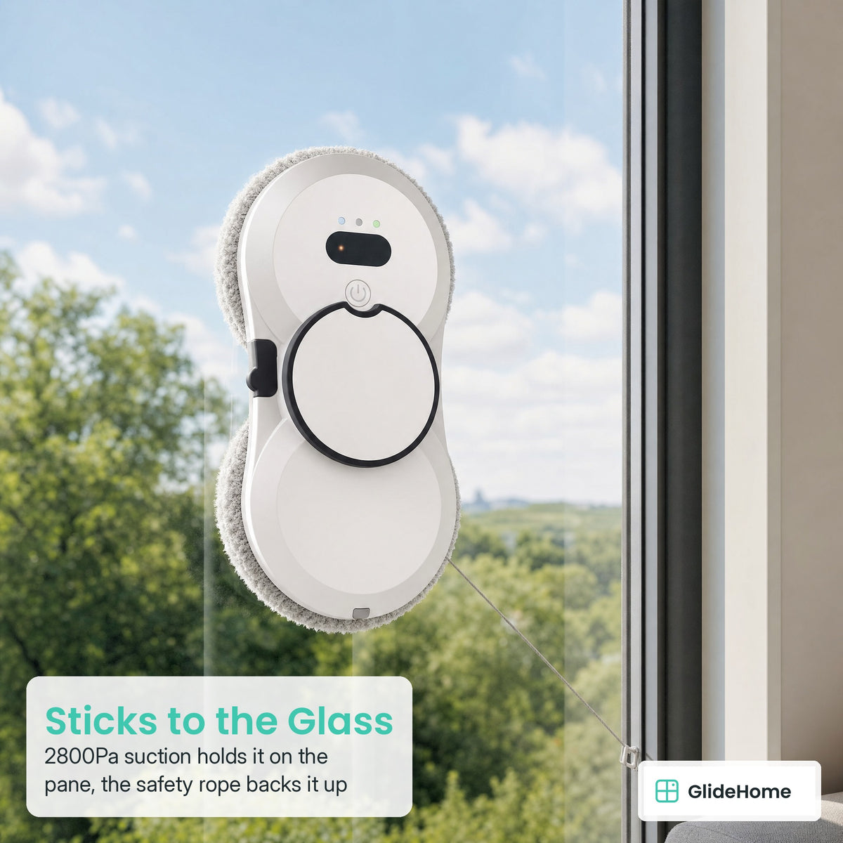 Ring-Mop Window Cleaning Robot - Sticks to the Glass. 2800Pa suction holds it on the pane, the safety rope backs it up