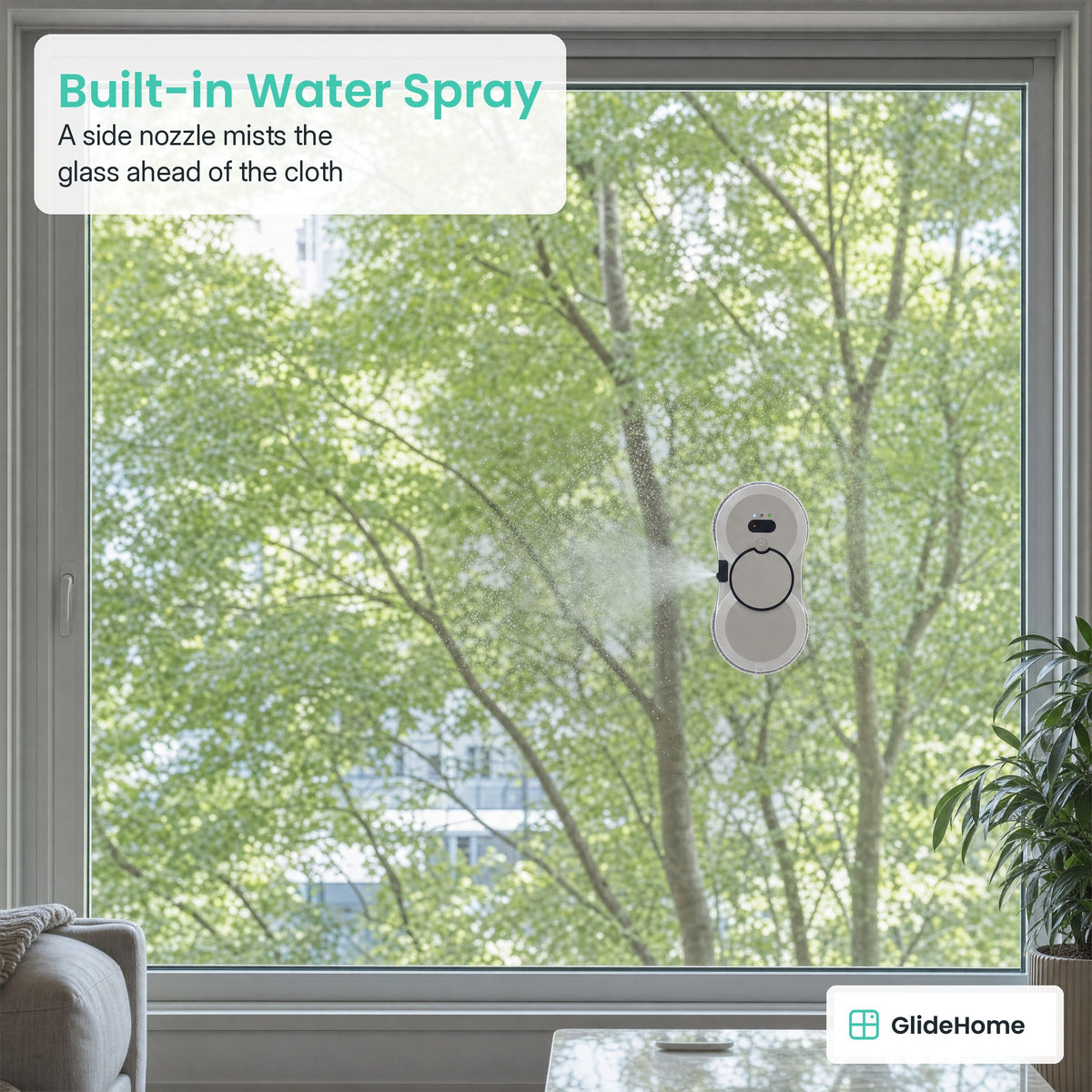 Ring-Mop Window Cleaning Robot - Built-in Water Spray. A side nozzle mists the glass ahead of the cloth