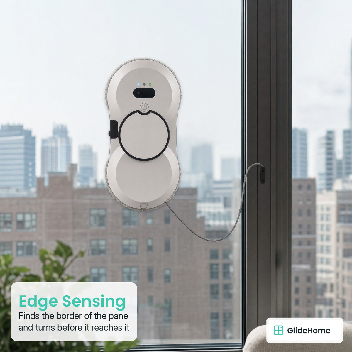 Ring-Mop Window Cleaning Robot - Edge Sensing. Finds the border of the pane and turns before it reaches it