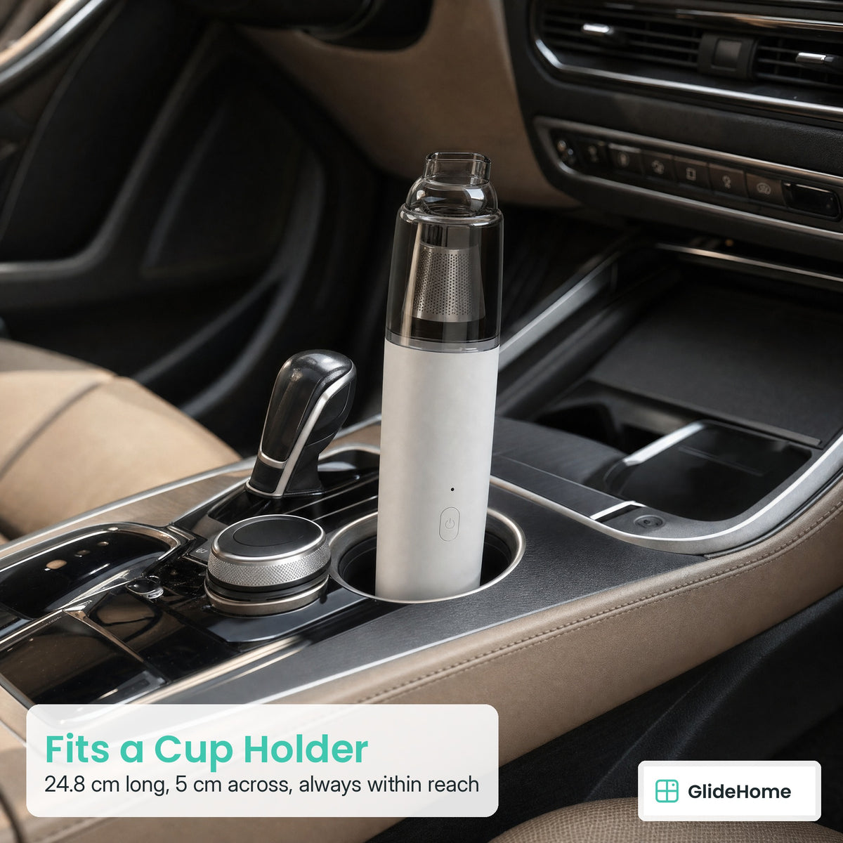 Slim Cordless Car Vacuum - Fits a Cup Holder. 24.8 cm long, 5 cm across, always within reach