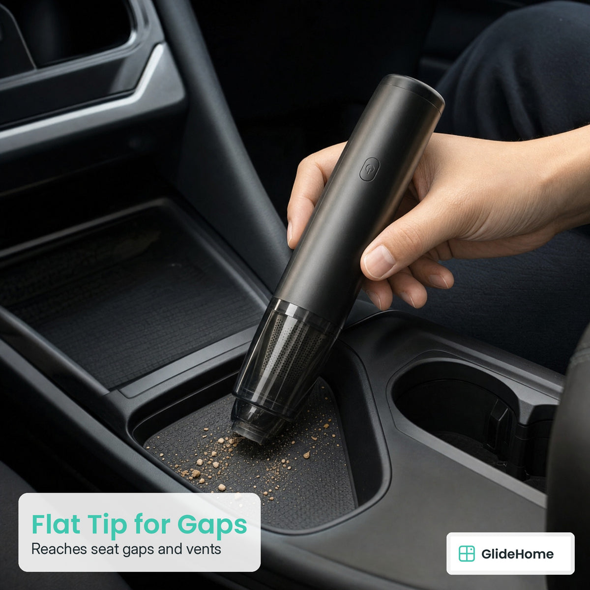 Slim Cordless Car Vacuum - Flat Tip for Gaps. Reaches seat gaps and vents