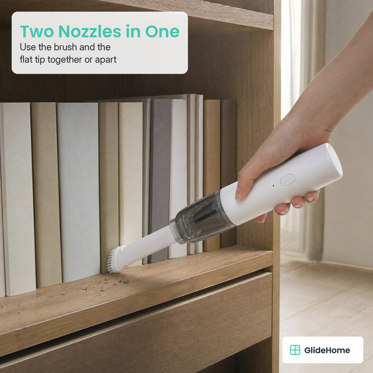 Slim Cordless Car Vacuum - Two Nozzles in One. Use the brush and the flat tip together or apart