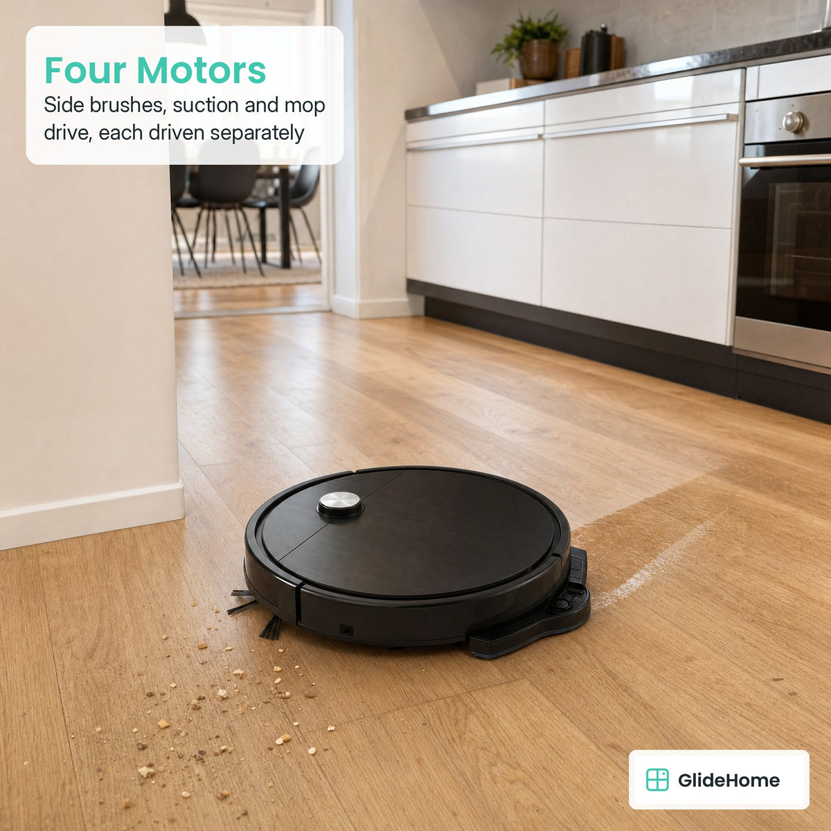 Slim Robot Vacuum and Mop with Remote - Four Motors. Side brushes, suction and mop drive, each driven separately