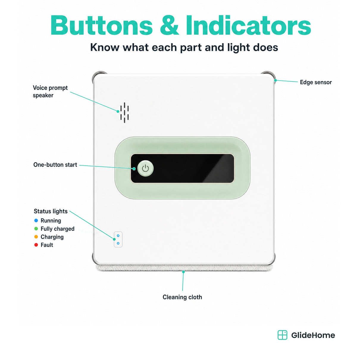 Square Frameless Window Cleaning Robot - buttons and lights