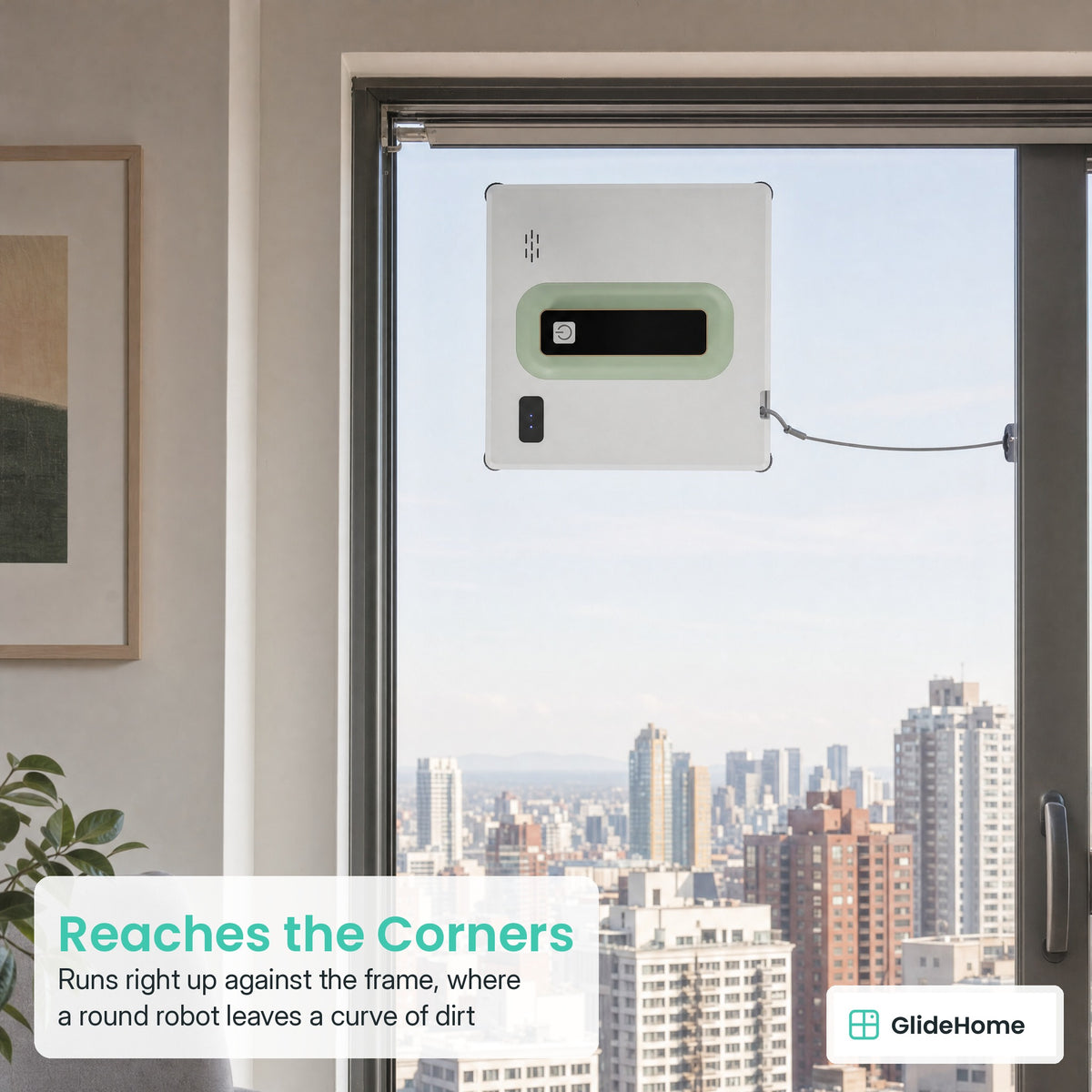 Square Frameless Window Cleaning Robot - Reaches the Corners. Runs right up against the frame, where a round robot leaves a curve of dirt