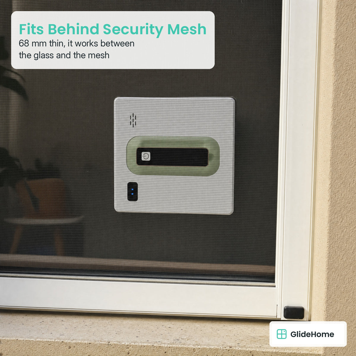 Square Frameless Window Cleaning Robot - Fits Behind Security Mesh. 68 mm thin, it works between the glass and the mesh