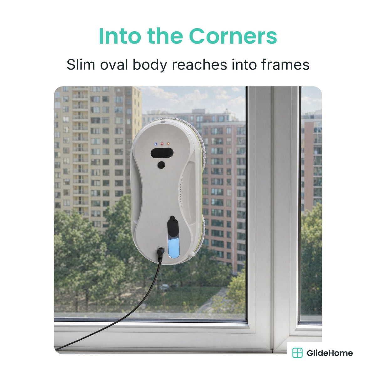 Ultrasonic Spray Window Cleaning Robot - Into the Corners. Slim oval body reaches into frames