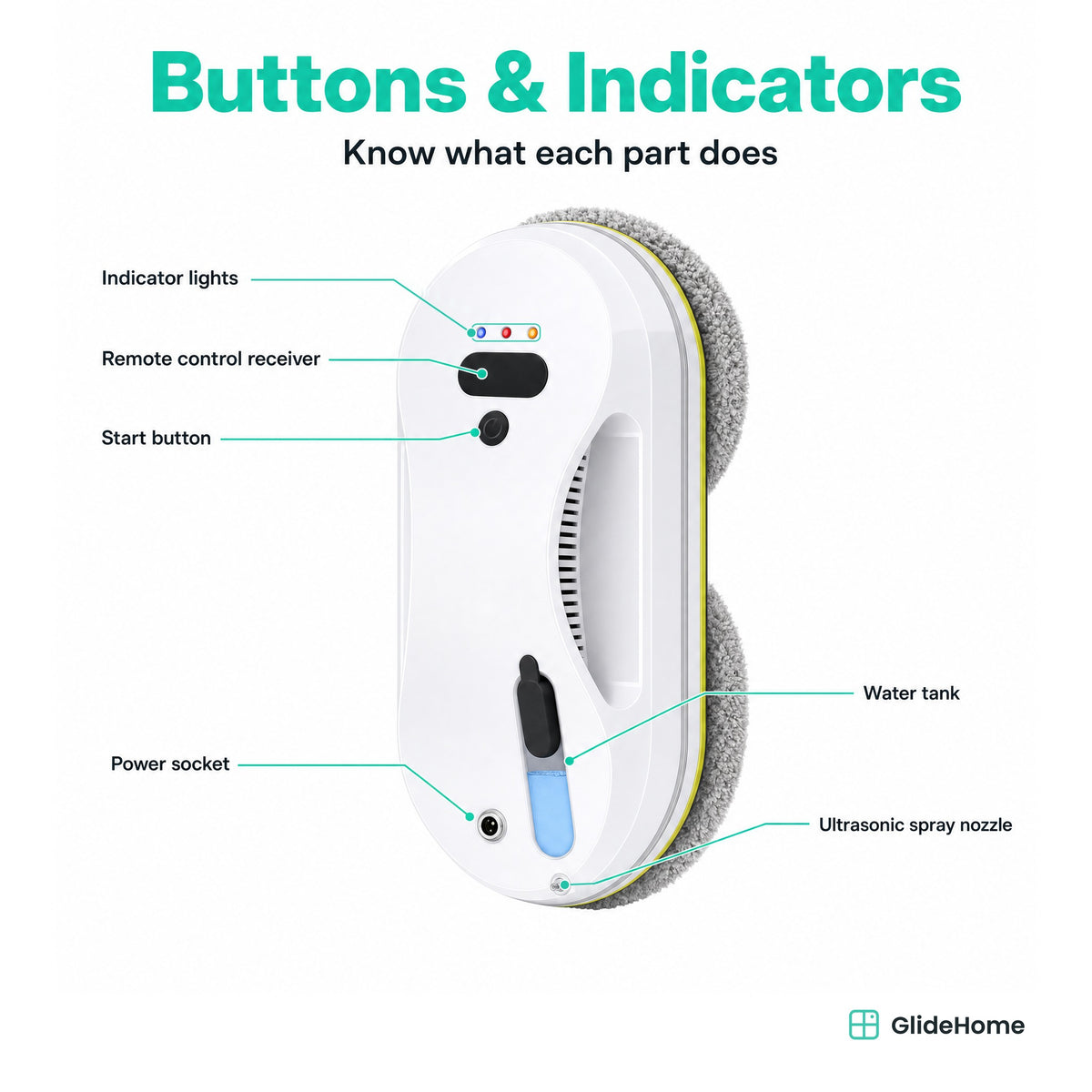 Ultrasonic Spray Window Cleaning Robot - buttons and lights