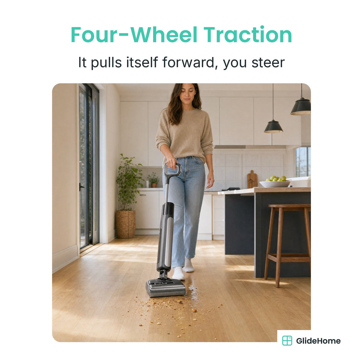 W47 Cordless Wet-Dry Floor Scrubber - Four-Wheel Traction. It pulls itself forward, you steer