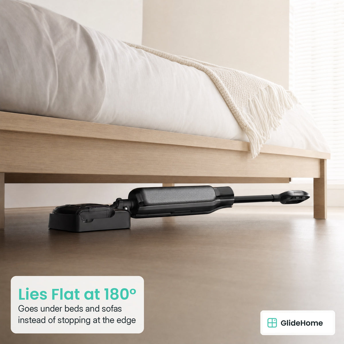 W47 Cordless Wet-Dry Floor Scrubber - Lies Flat at 180°. Goes under beds and sofas instead of stopping at the edge