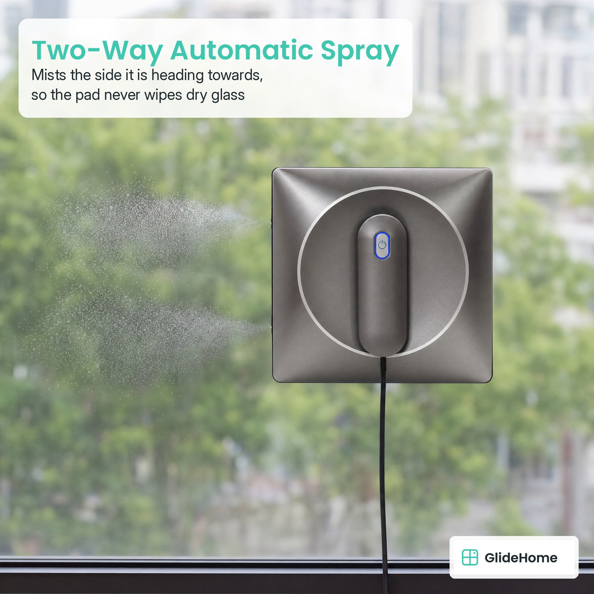Window Cleaning Robot with Two-Way Water Spray - Two-Way Automatic Spray. Mists the side it is heading towards, so the pad never wipes dry glass