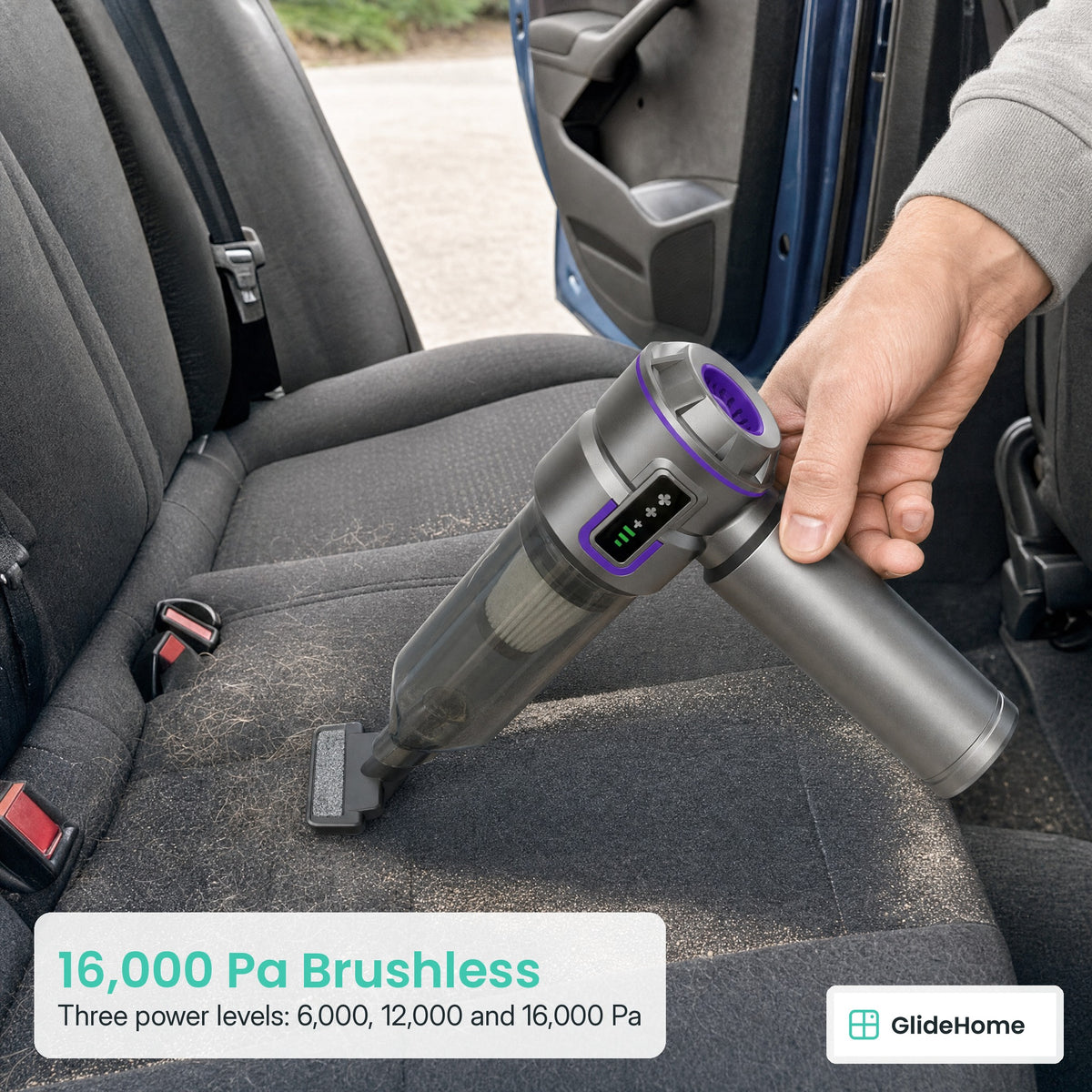 4-in-1 Cordless Car Vacuum & Air Blower - 16,000 Pa Brushless. Three power levels: 6,000, 12,000 and 16,000 Pa