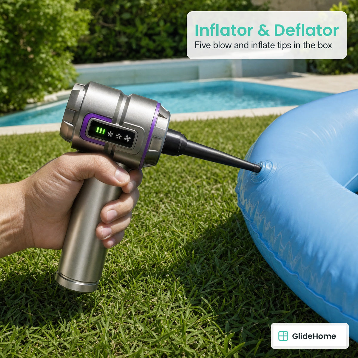 4-in-1 Cordless Car Vacuum & Air Blower - Inflator & Deflator. Five blow and inflate tips in the box