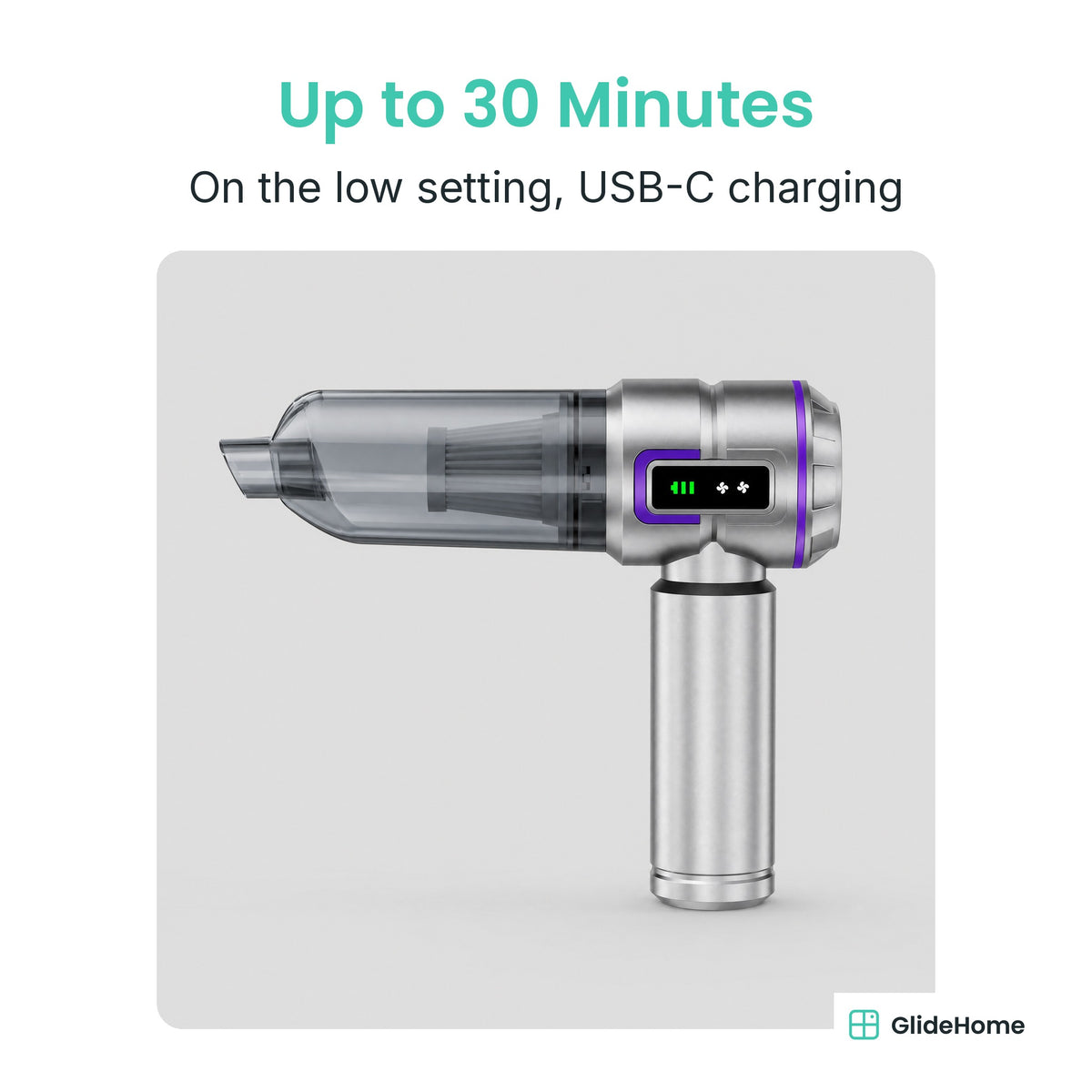 4-in-1 Cordless Car Vacuum & Air Blower - Up to 30 Minutes. On the low setting, USB-C charging