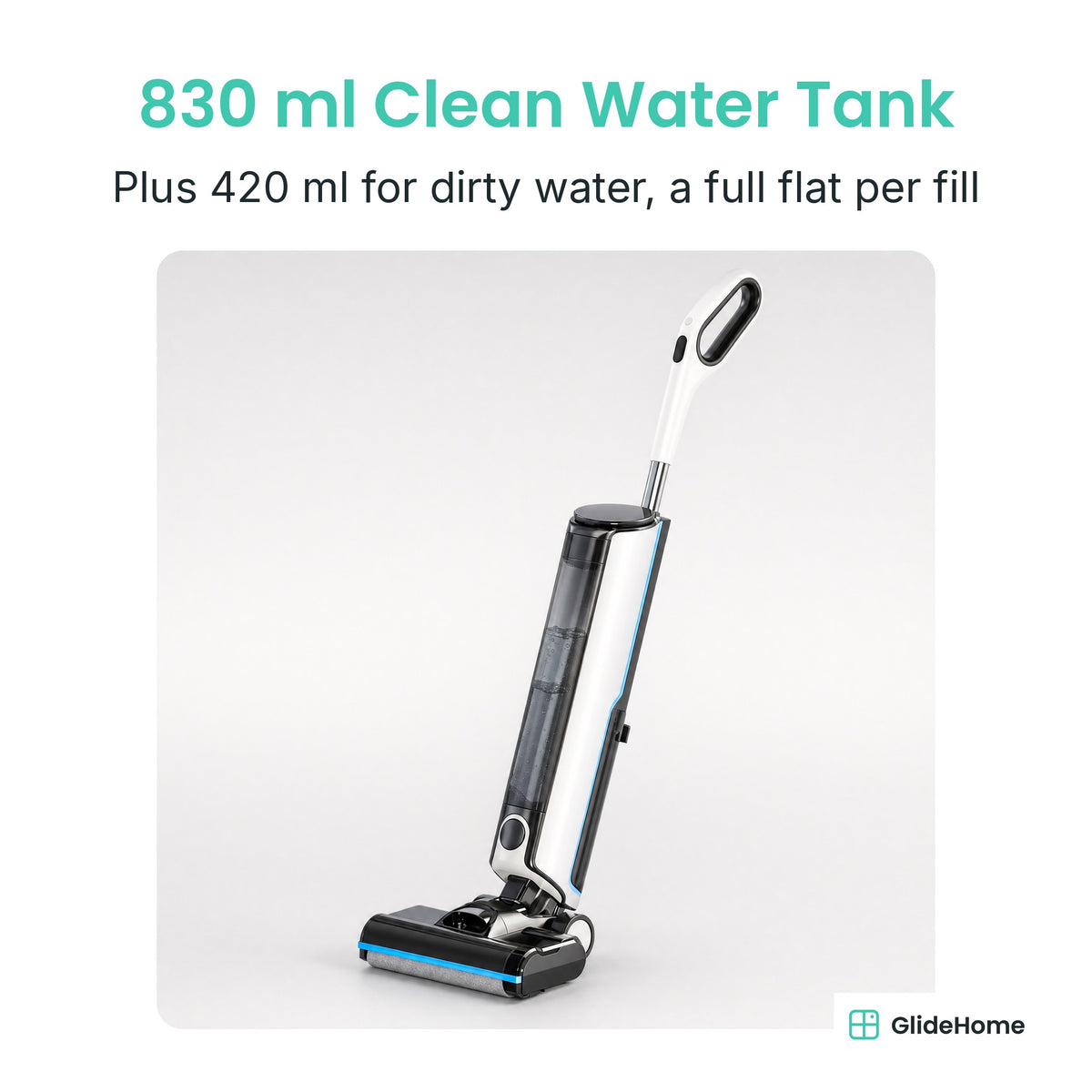 Big-Tank Cordless Floor Scrubber - 830 ml Clean Water Tank. Plus 420 ml for dirty water, a full flat per fill