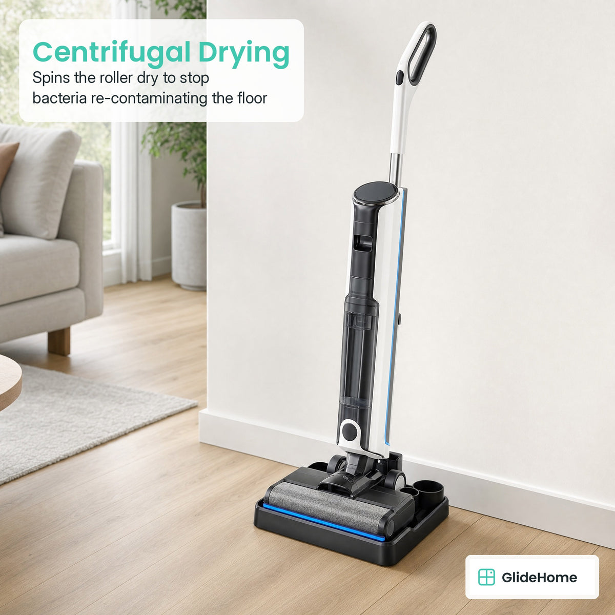 Big-Tank Cordless Floor Scrubber - Centrifugal Drying. Spins the roller dry to stop bacteria re-contaminating the floor