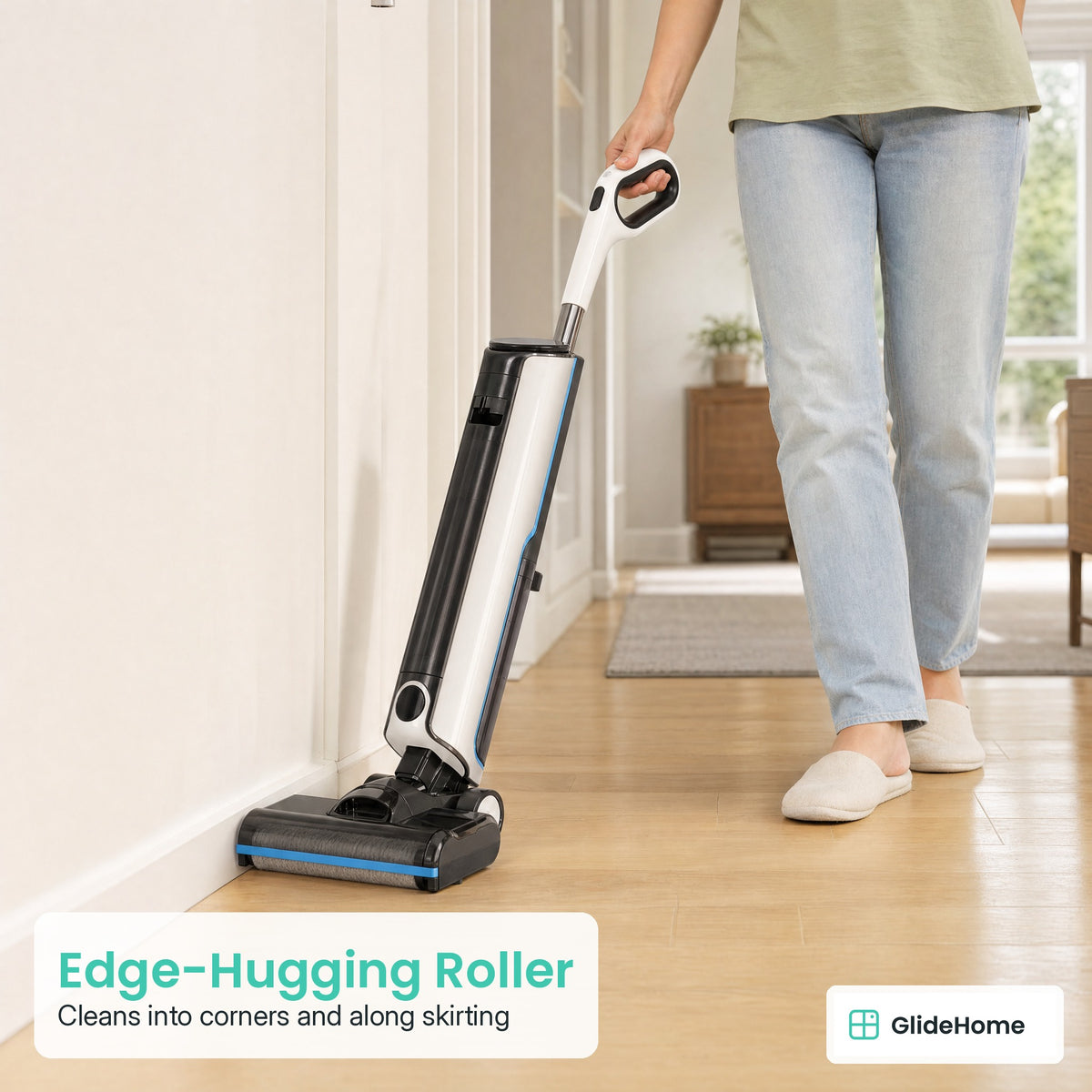 Big-Tank Cordless Floor Scrubber - Edge-Hugging Roller. Cleans into corners and along skirting