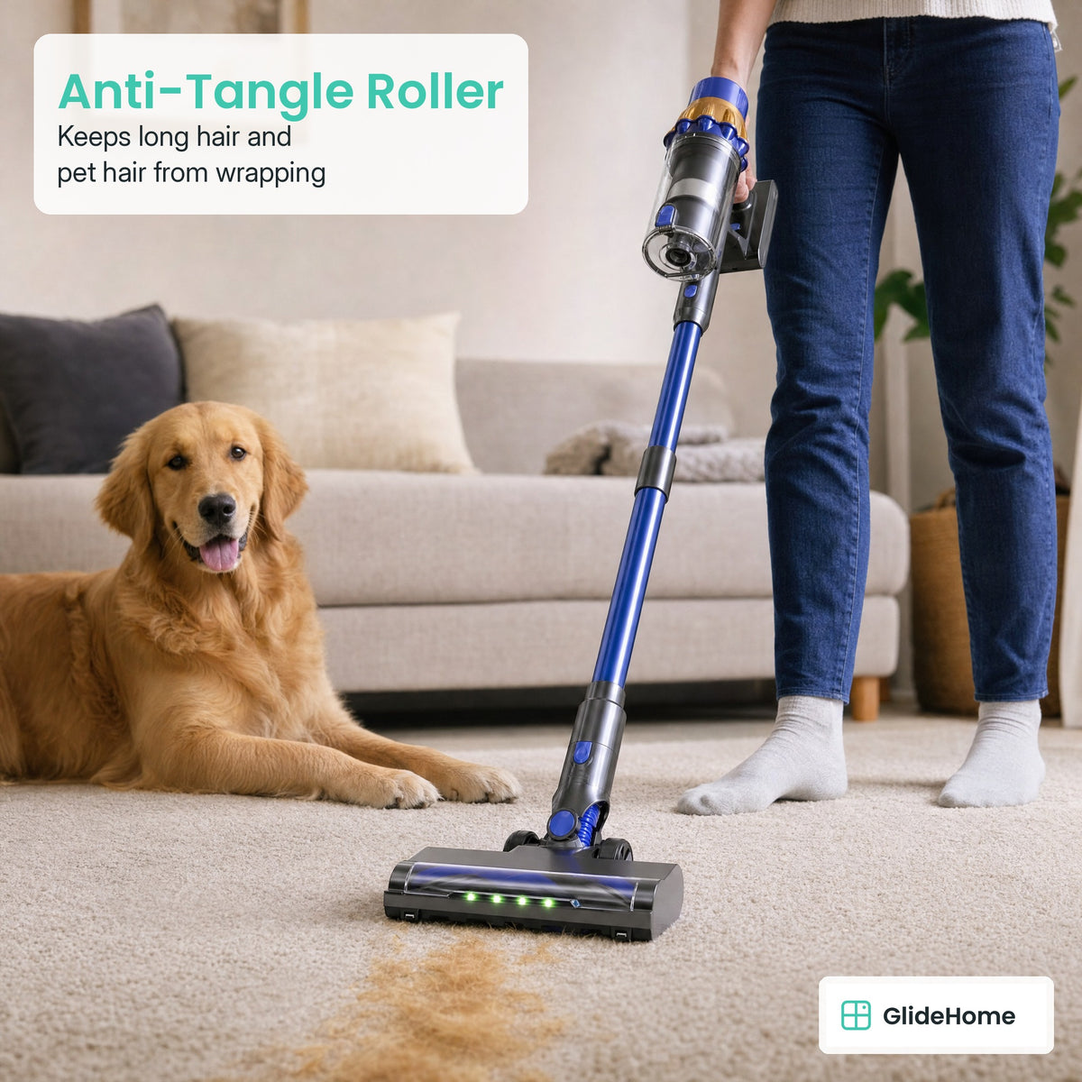 Cordless Stick Vacuum - Anti-Tangle Roller. Keeps long hair and pet hair from wrapping