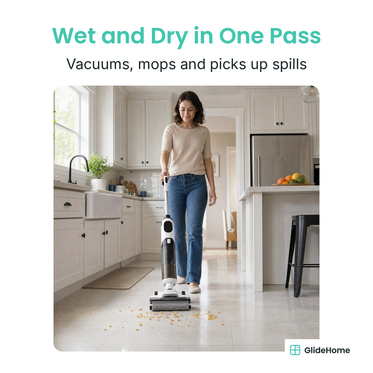 Cordless Wet-Dry Floor Scrubber - Wet and Dry in One Pass. Vacuums, mops and picks up spills