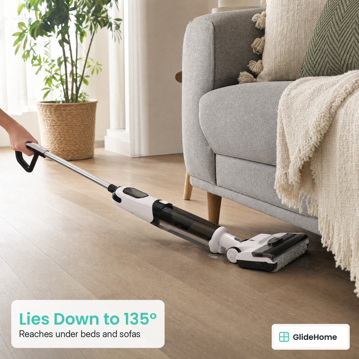 Cordless Wet-Dry Floor Scrubber - Lies Down to 135°. Reaches under beds and sofas