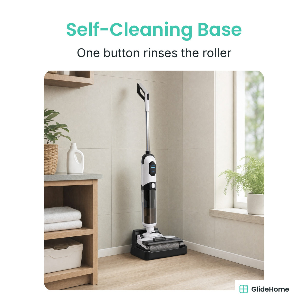 Cordless Wet-Dry Floor Scrubber - Self-Cleaning Base. One button rinses the roller