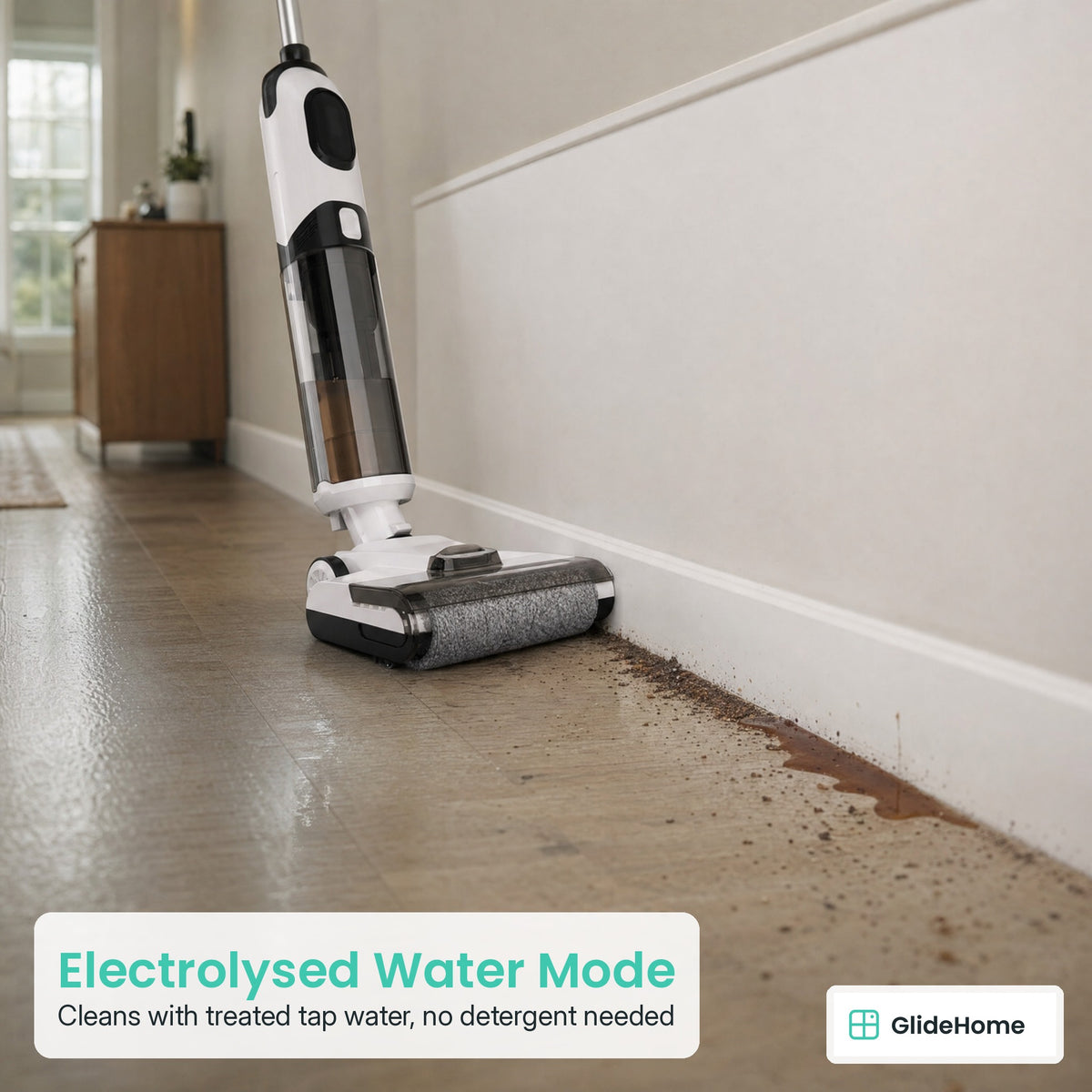 Cordless Wet-Dry Floor Scrubber - Electrolysed Water Mode. Cleans with treated tap water, no detergent needed