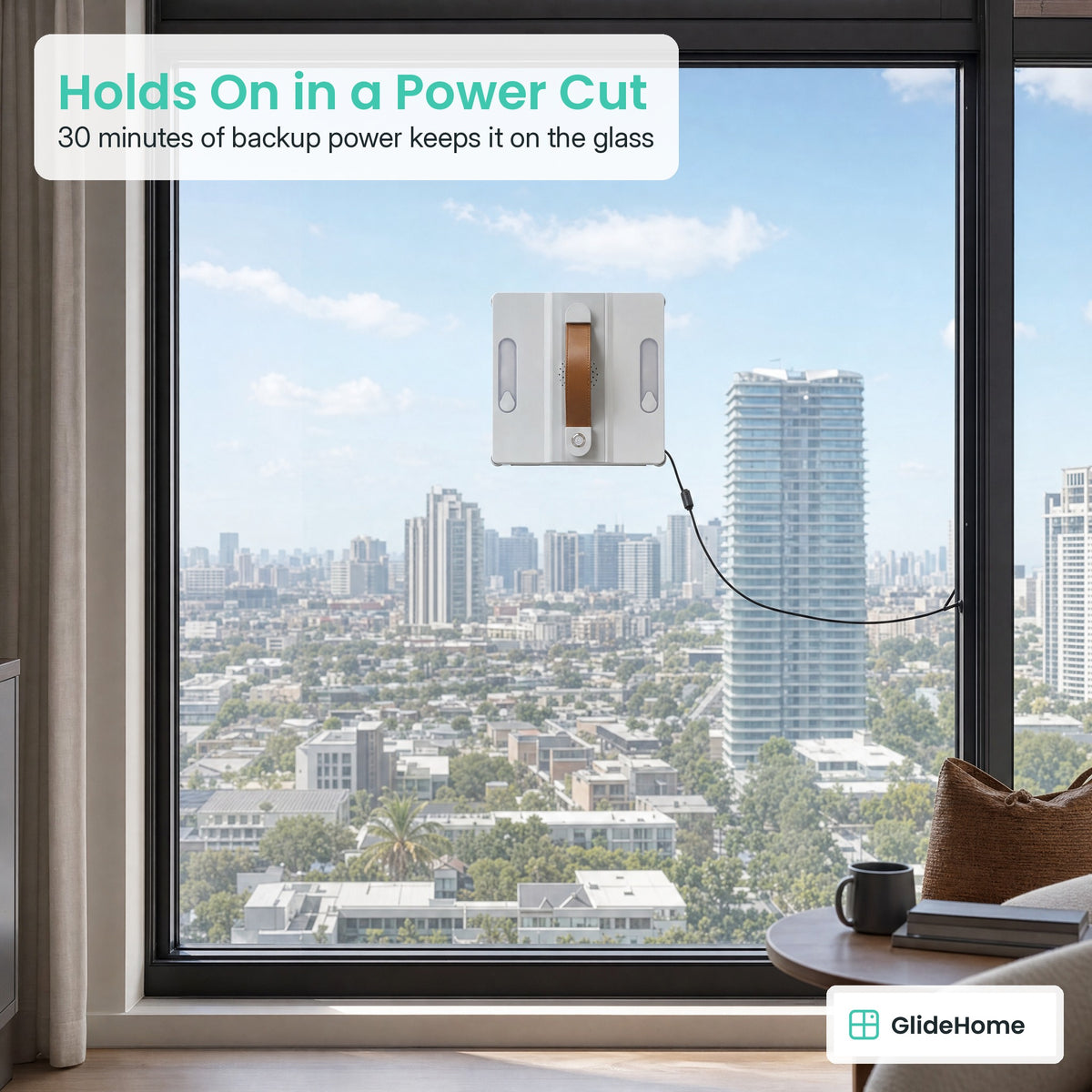 Corner-Reach Window Cleaning Robot - Holds On in a Power Cut. 30 minutes of backup power keeps it on the glass