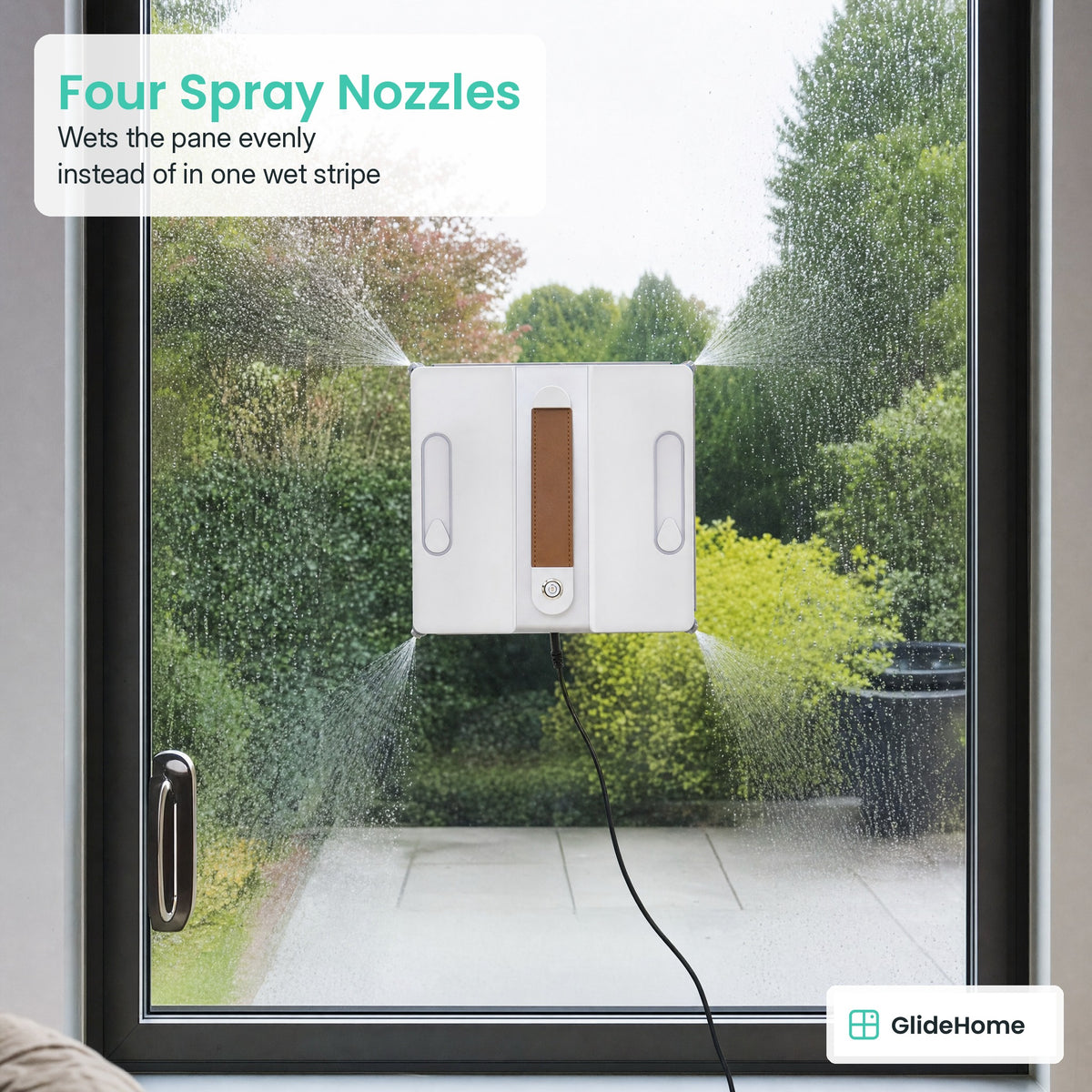Corner-Reach Window Cleaning Robot - Four Spray Nozzles. Wets the pane evenly instead of in one wet stripe