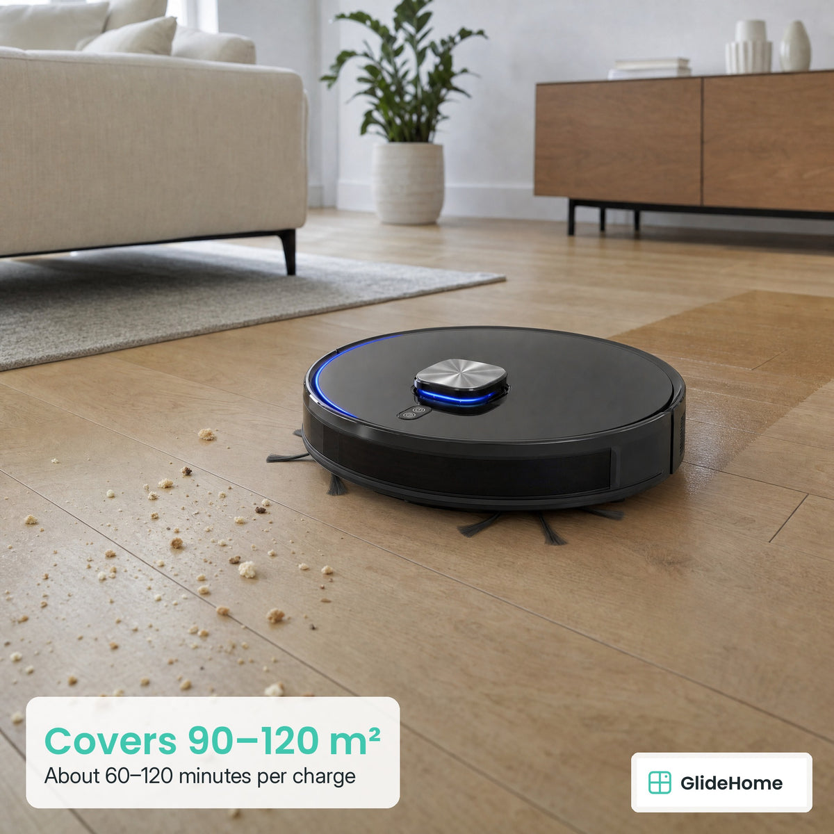 Lidar Robot Vacuum and Mop - Covers 90–120 m². About 60–120 minutes per charge
