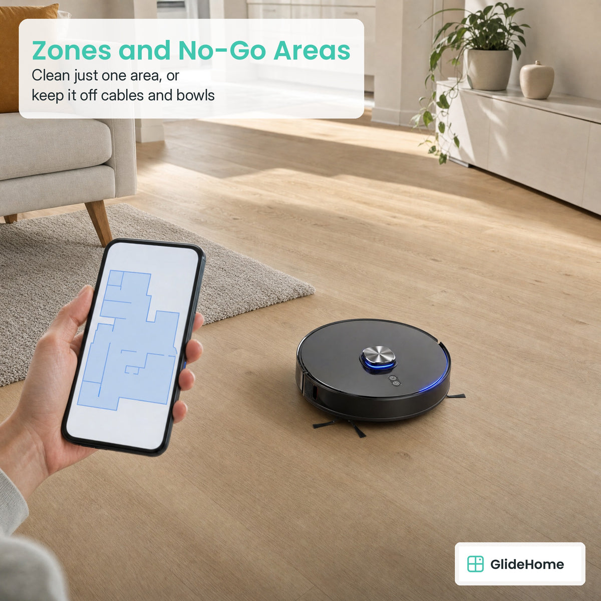 Lidar Robot Vacuum and Mop - Zones and No-Go Areas. Clean just one area, or keep it off cables and bowls