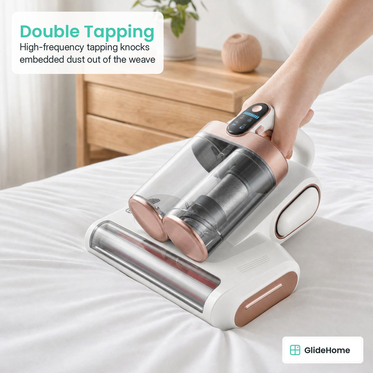 LP018 Twin-Cup Anti-Mite Vacuum - Double Tapping. High-frequency tapping knocks embedded dust out of the weave
