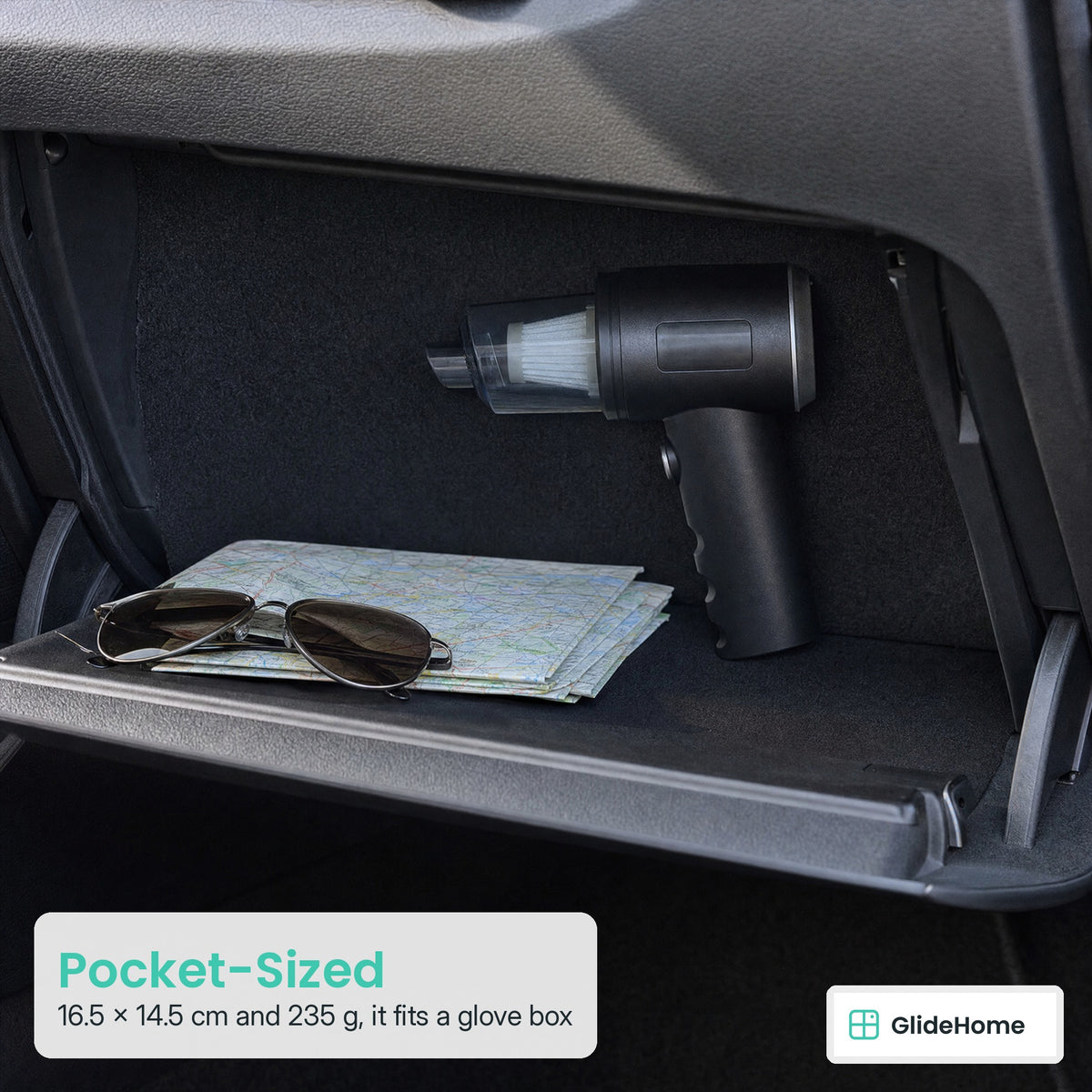 Mini Cordless Car Vacuum - Pocket-Sized. 16.5 × 14.5 cm and 235 g, it fits a glove box